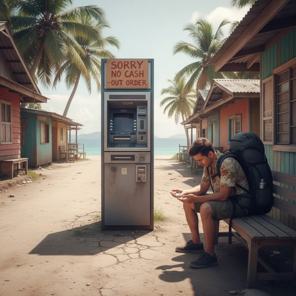 Frustrated traveler sitting beside a broken ATM in a remote island town in the Philippines.