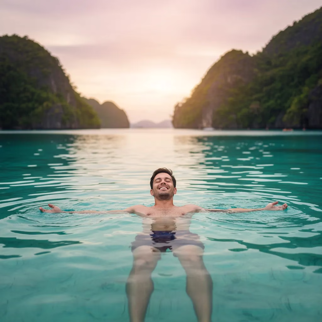 A happy traveler floating in a serene Philippine lagoon during sunset.