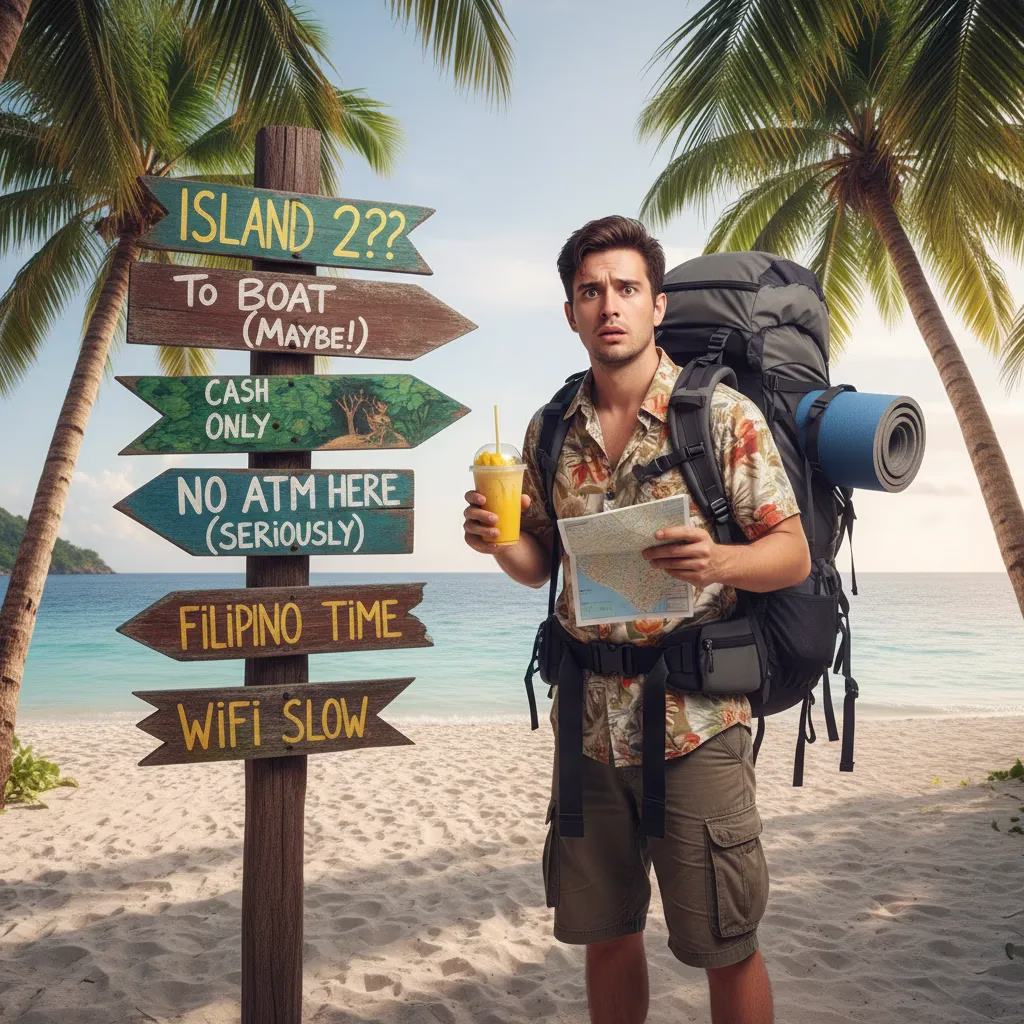 Confused tourist on a Philippine beach standing by a chaotic island direction sign with no ATM in sight.