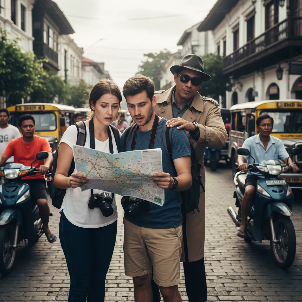 A tourists navigating a city map in Manila with a pickpocket lurking behind.