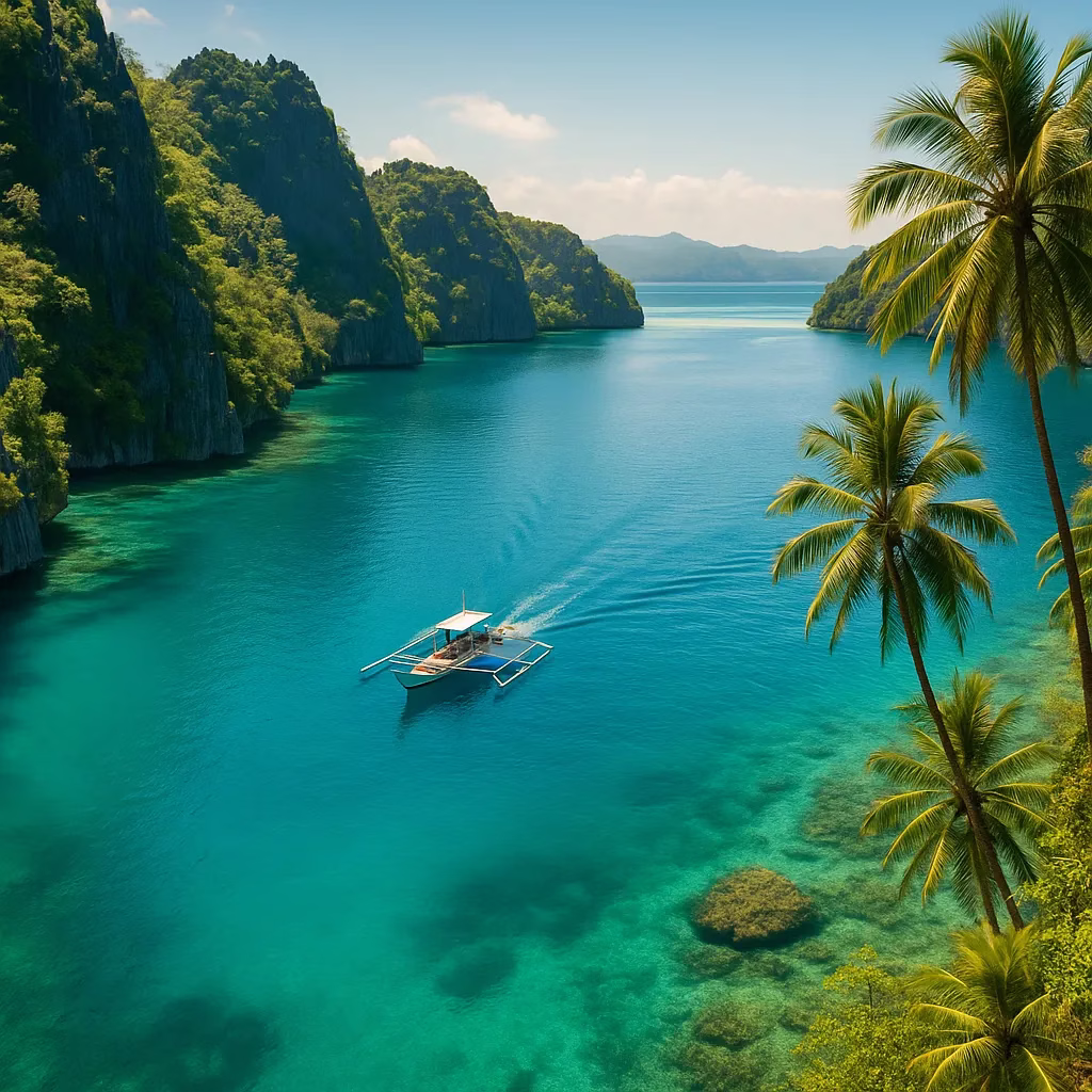 Aerial view of Palawan lagoon with cliffs, turquoise water, and a traditional banca boat.