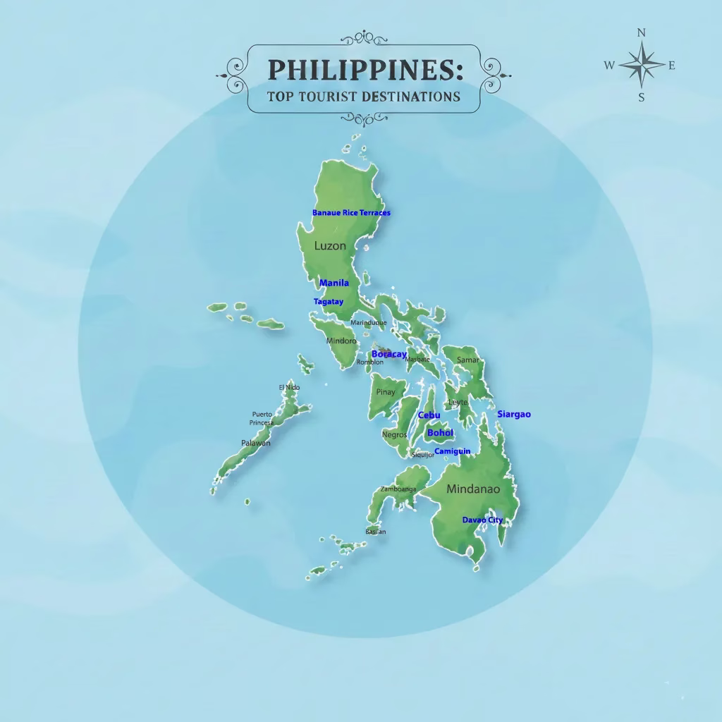 Philippines islands map 2026 showing top travel destinations Luzon Visayas Mindanao.