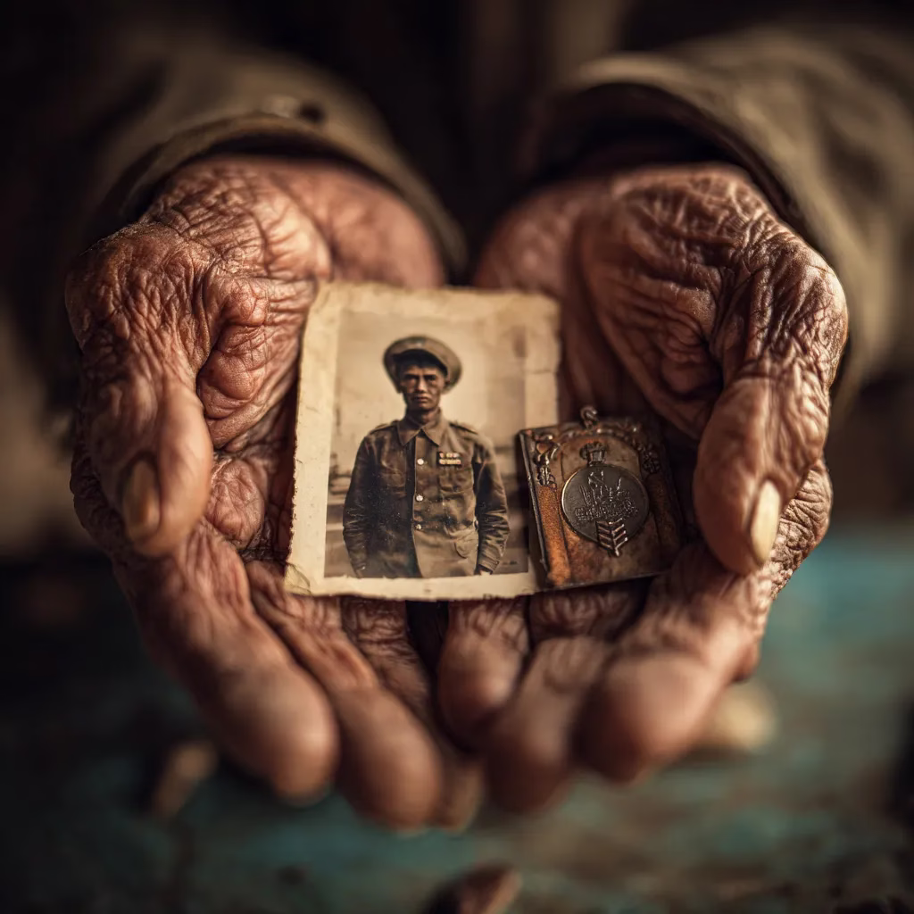 elderly Filipino veteran hands WWII photograph religious medal intergenerational trauma Philippines wartime memories spiritual wounds.