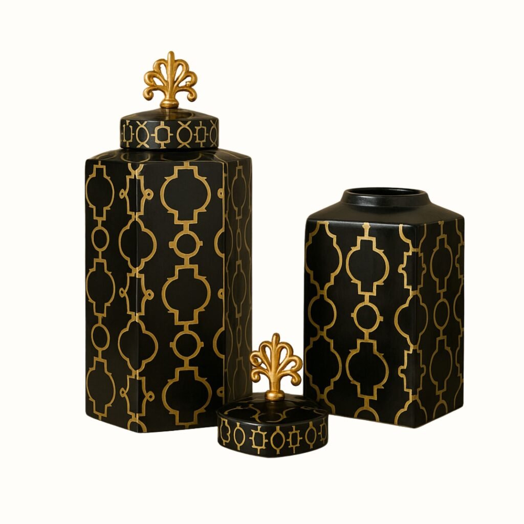 Royal Black & Gold Iron Ginger Jar – Set of 3 Decorative Accent Pieces