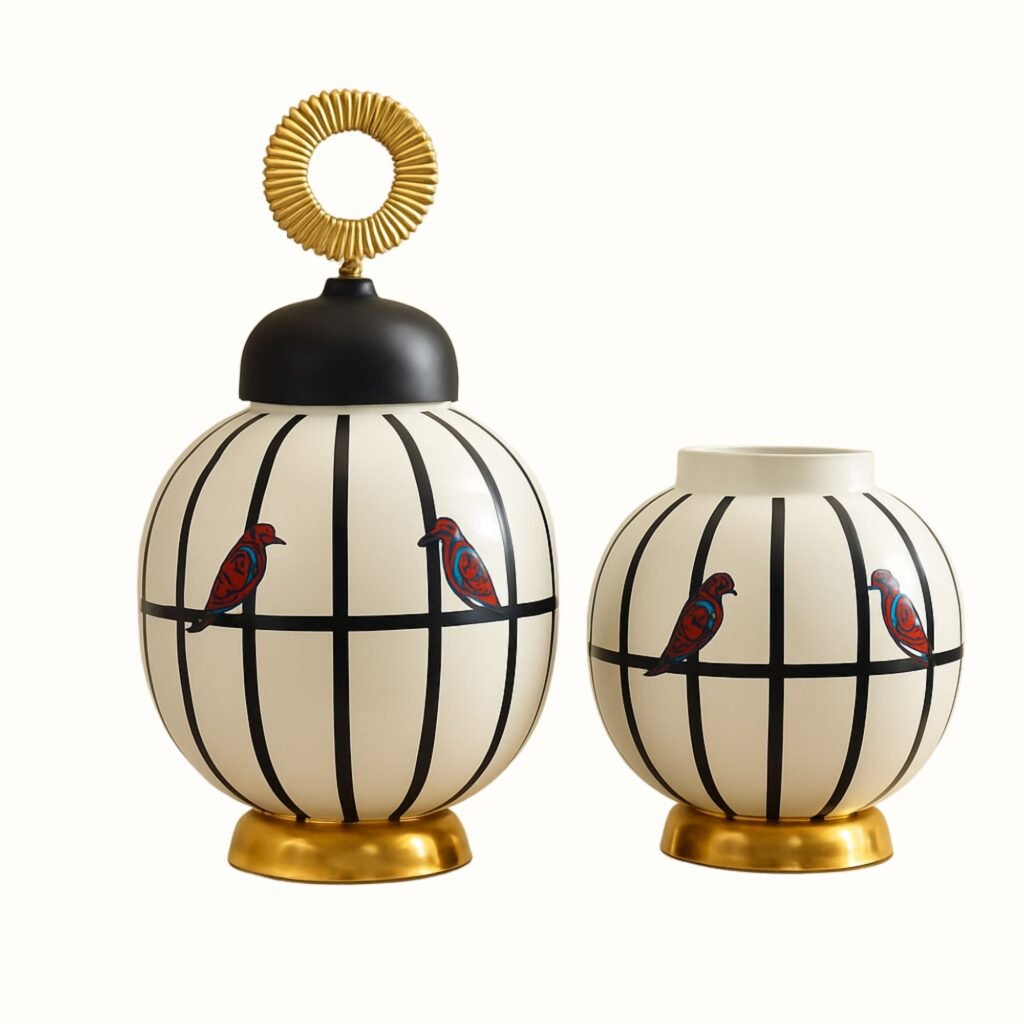 Vintage Birdcage Design Iron Ginger Jar Set – Decorative Black & White with Gold Base