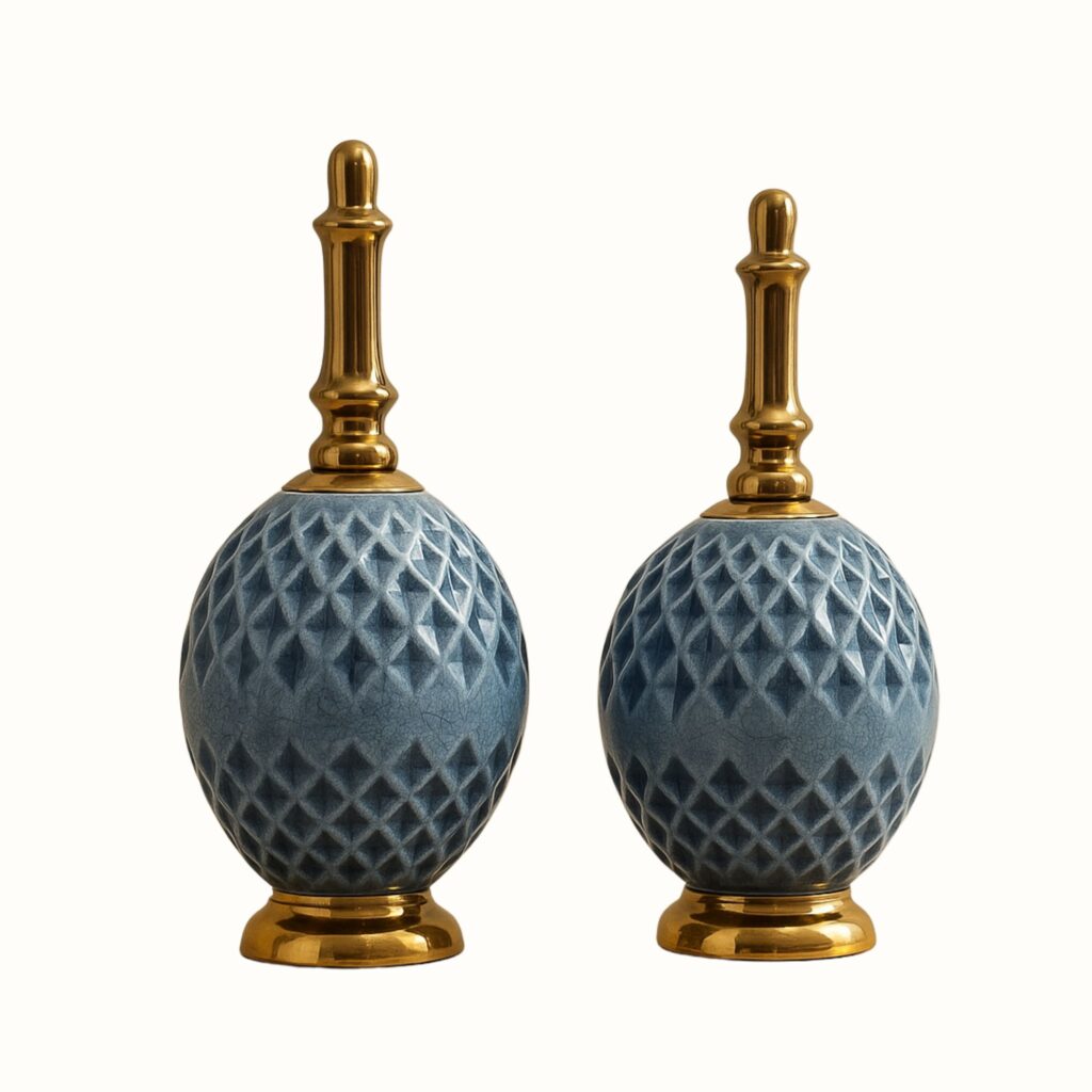Luxury Blue Textured Decorative Showpiece with Golden Accents – Set of 2