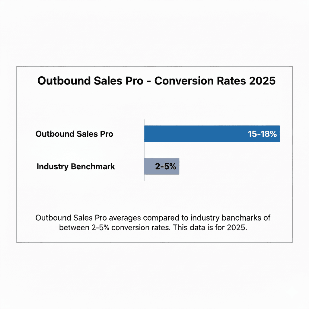 Bar chart comparing Outbound Sales Pro’s cold call conversion rates of 15–18% in 2025 against industry benchmarks of 2–5%.