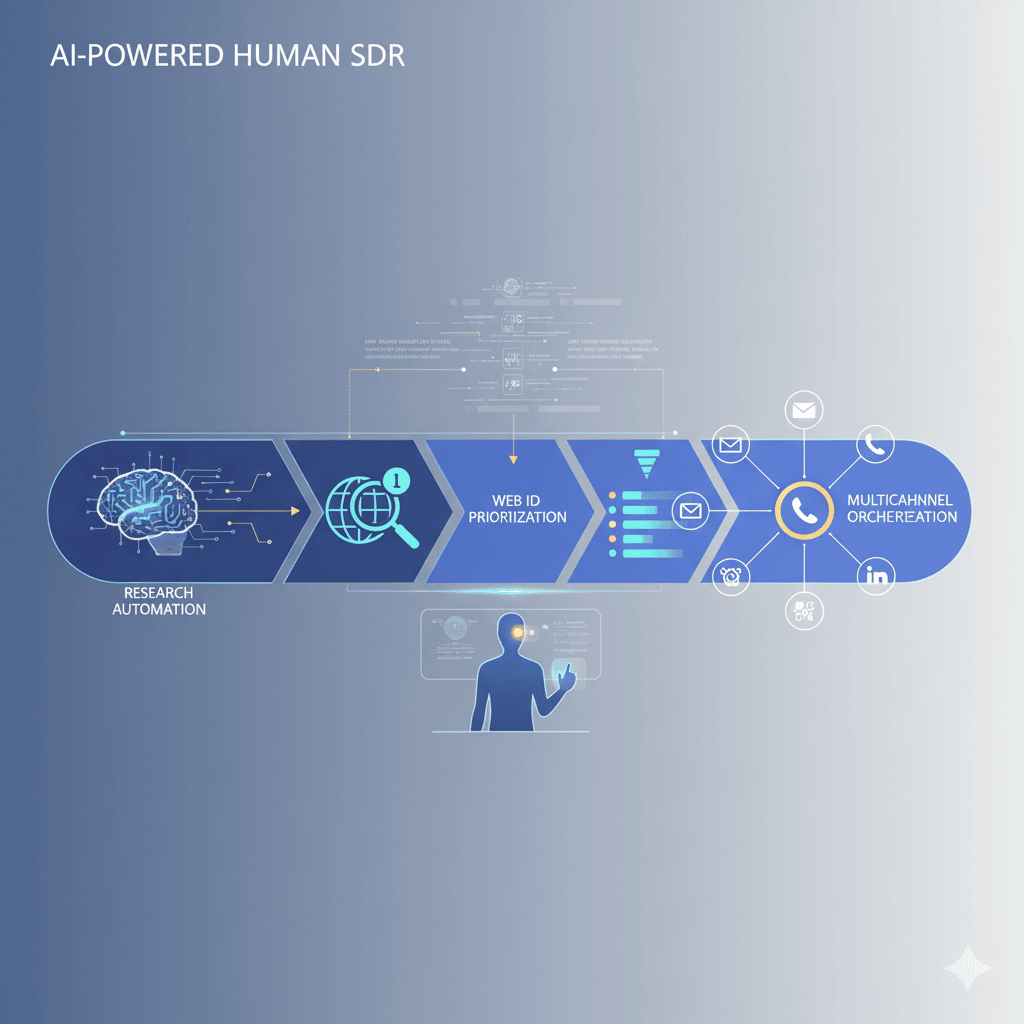 Digital illustration showing an AI-powered human SDR process, including research automation, web ID prioritization, and multi-channel orchestration across calls, email, and LinkedIn.