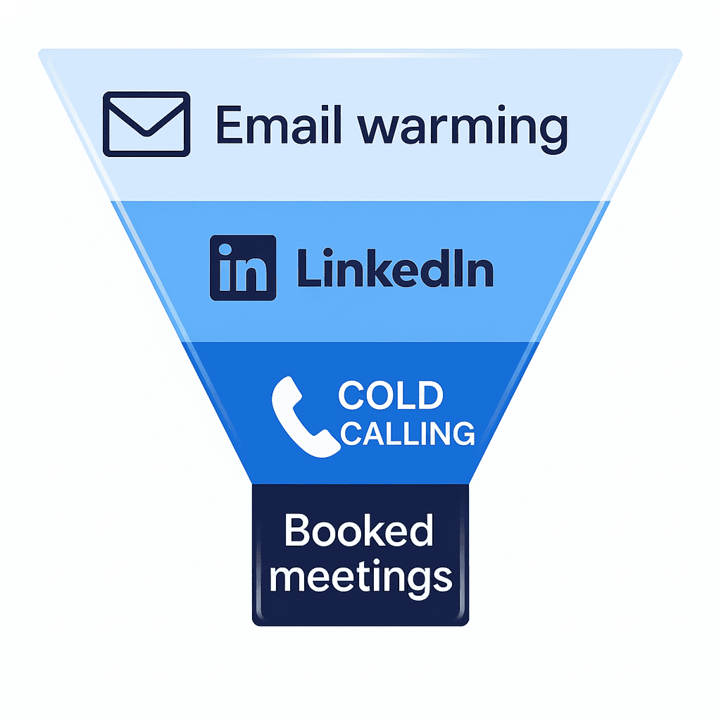 Funnel diagram showing multi-channel outbound sales process: Email Warming → LinkedIn → Cold Calling → Booked Meetings