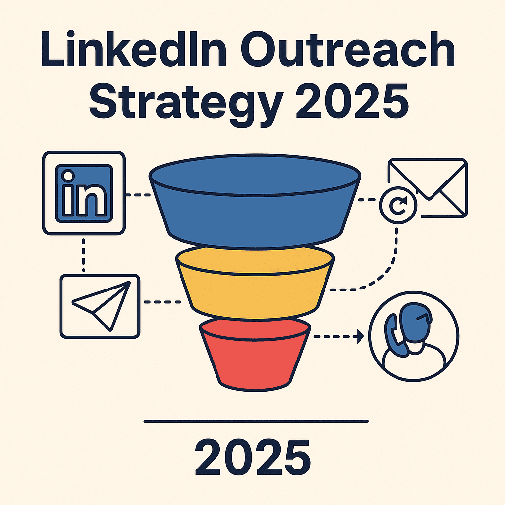 Illustration showing LinkedIn outreach with icons of connection requests, email nurturing, and cold calling integrated in a multi-channel funnel.