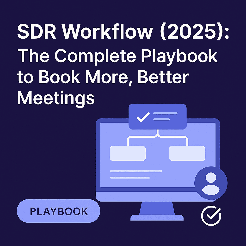 Promotional graphic for SDR Workflow (2025) featuring a bold headline, a blue workflow diagram on a computer screen, a playbook button, and icons representing meetings and productivity