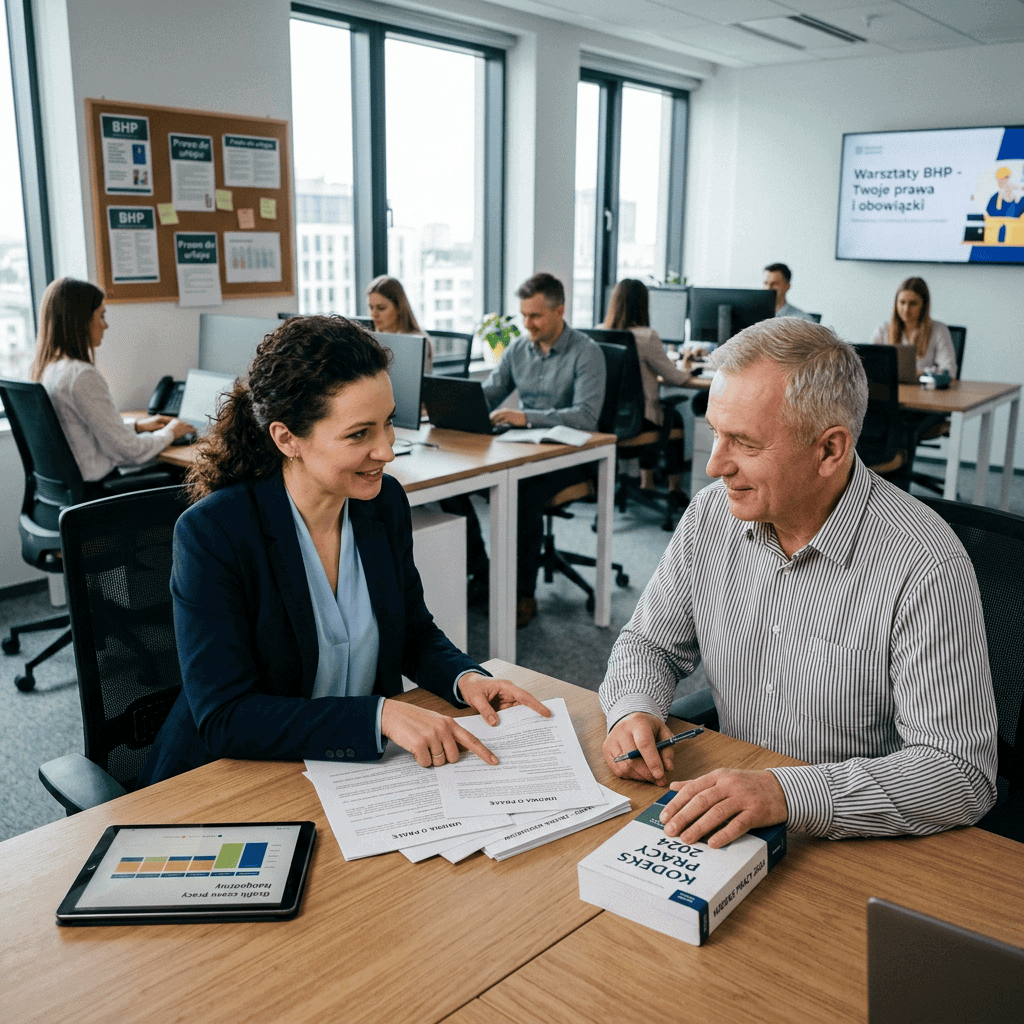 Two colleagues reviewing workplace safety papers at a desk in an office