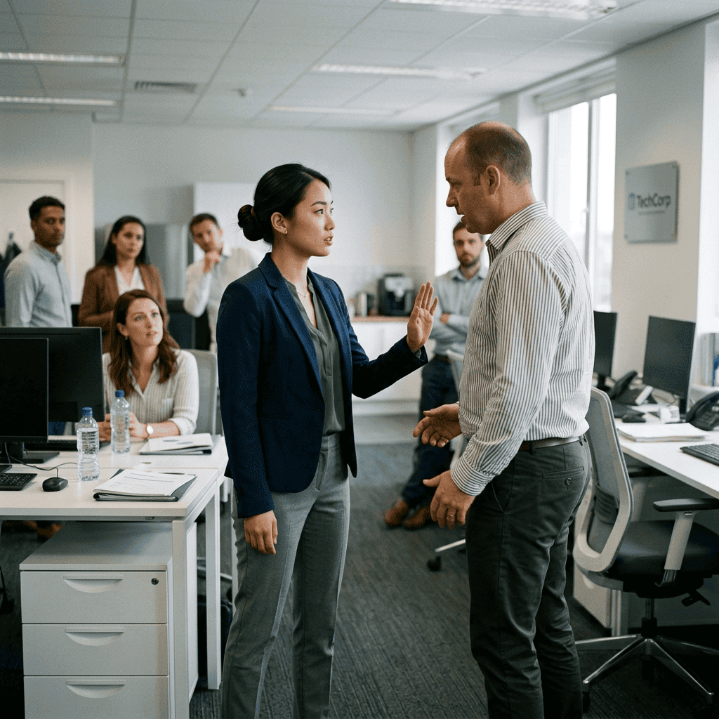 Woman raising hand to stop man in office while coworkers watch