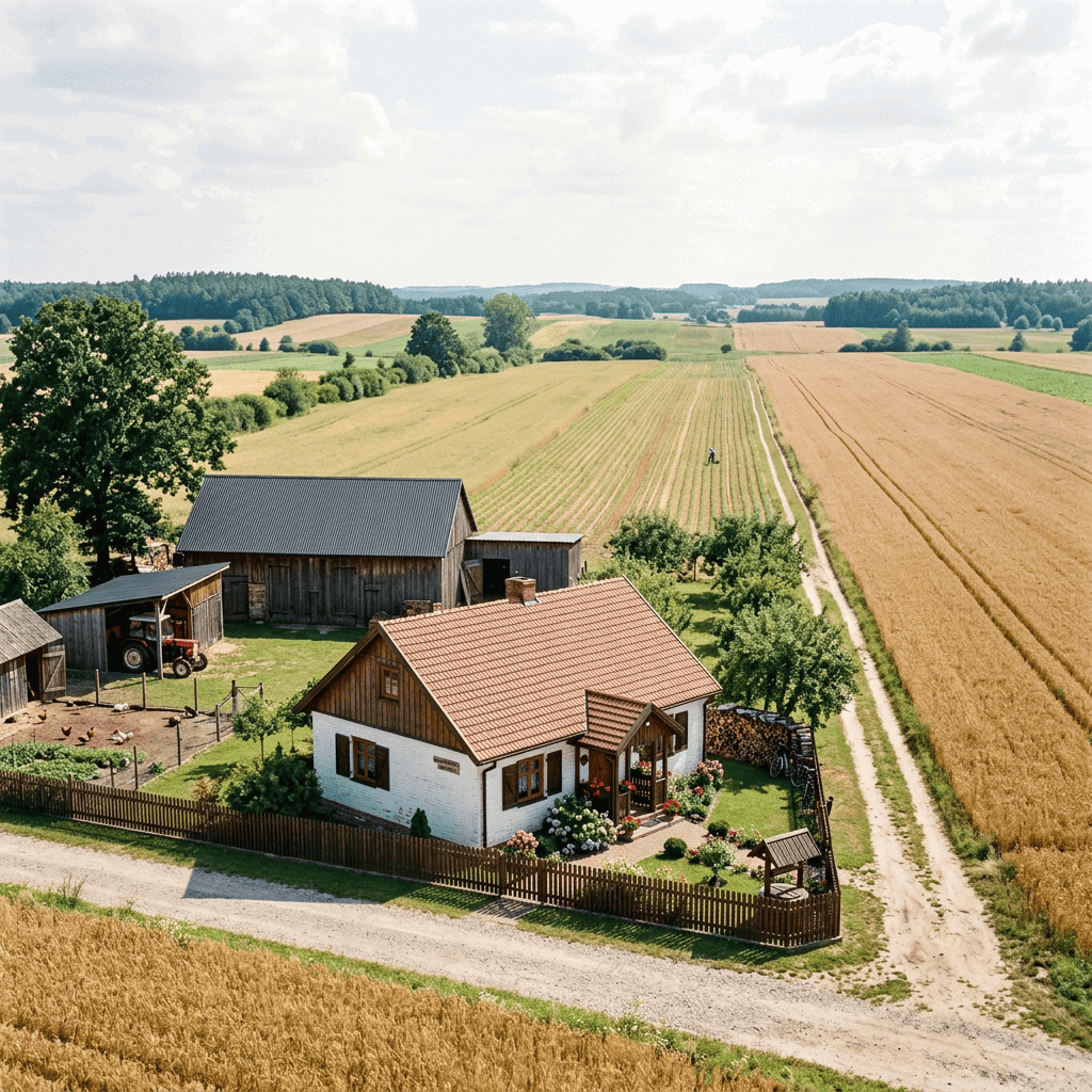 Zdjęcie przedstawiające wieś i działkę rolną.