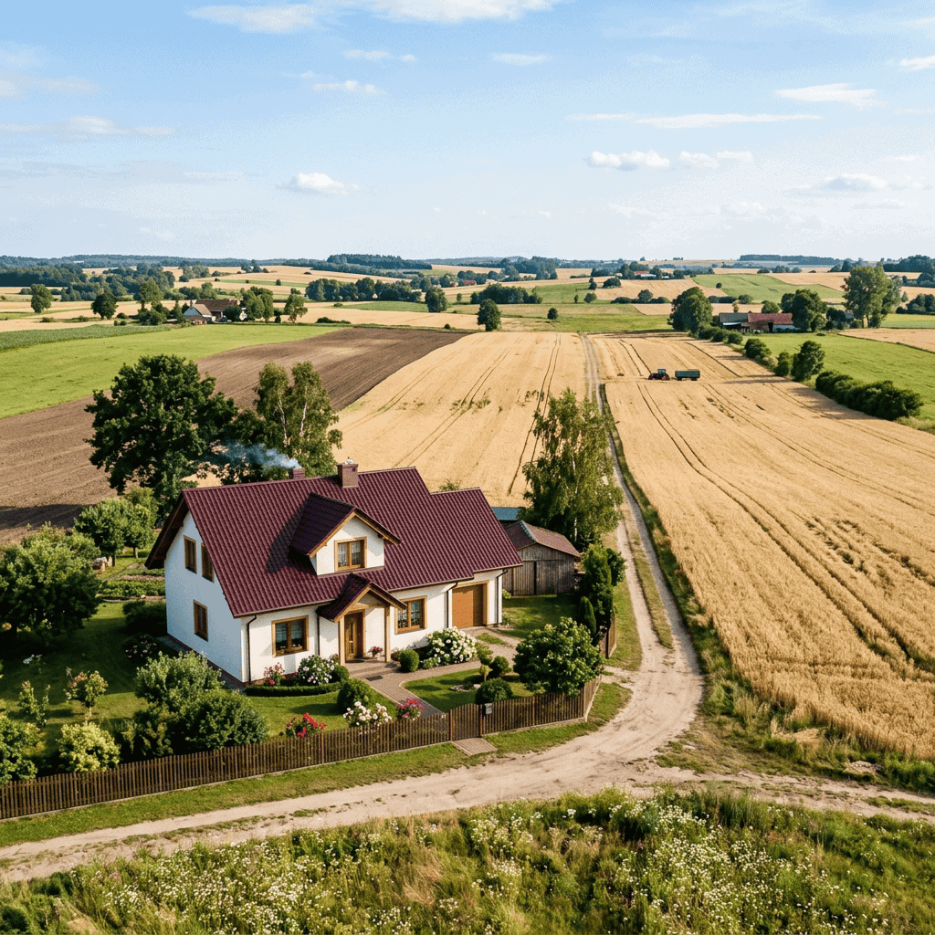Działka rolna i dom wybudowany na niej na tle pięknego widoku wiejskiego.