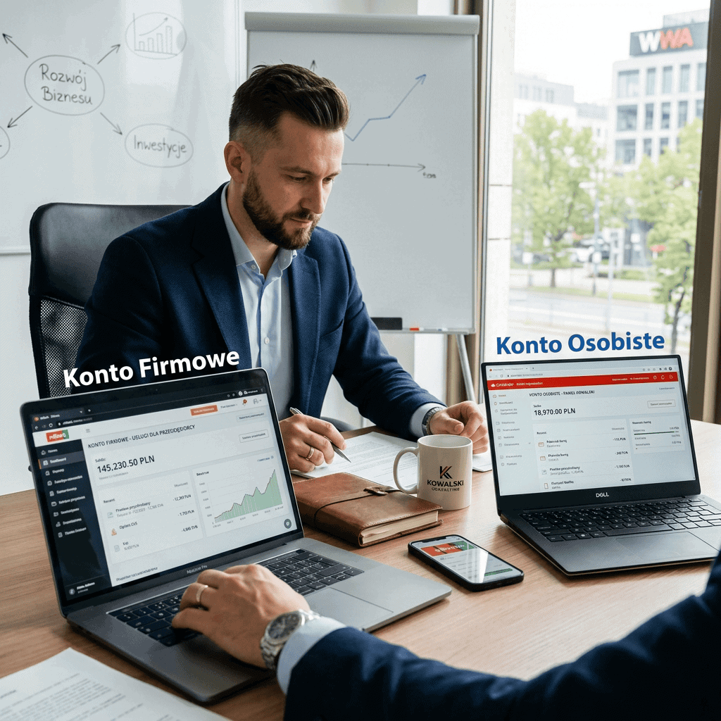 Biznesmen zastanawia się czy wybrać konto firmowe czy konto osobiste?