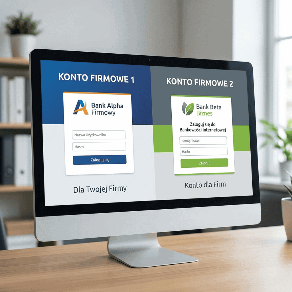 Monitor przedstawiający dwa konta firmowe.