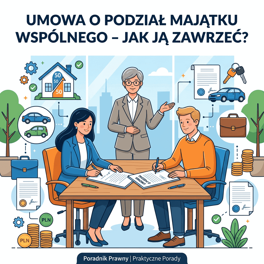 UMOWA O PODZIAŁ MAJĄTKU WSPÓLNEGO – JAK JĄ ZAWRZEĆ? Poradnik Prawny | Praktyczne Porady. Prawnik omawia dokumenty z parą przy stole, z symbolami nieruchomości, samochodu, pieniędzy i umów.