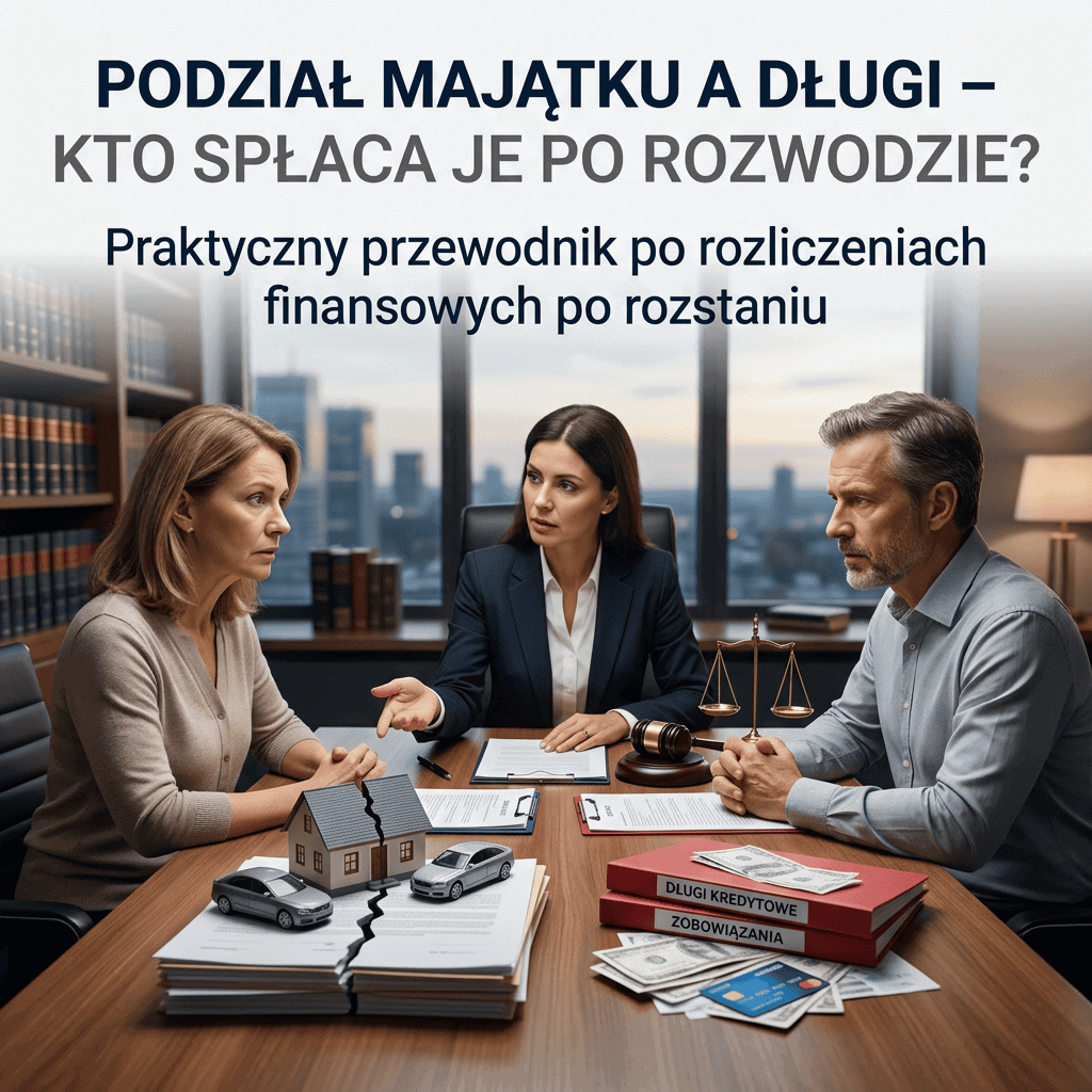 Podział majątku a długi – kto spłaca je po rozwodzie? Praktyczny przewodnik po rozliczeniach finansowych po rozstaniu. Kobieta, prawniczka i mężczyzna siedzą przy stole z dokumentami, domem, samochodami, młotkiem sędziowskim, wagą sprawiedliwości, pieniędzmi i książkami „DŁUGI KREDYTOWE” oraz „ZOBOWIĄZANIA”.