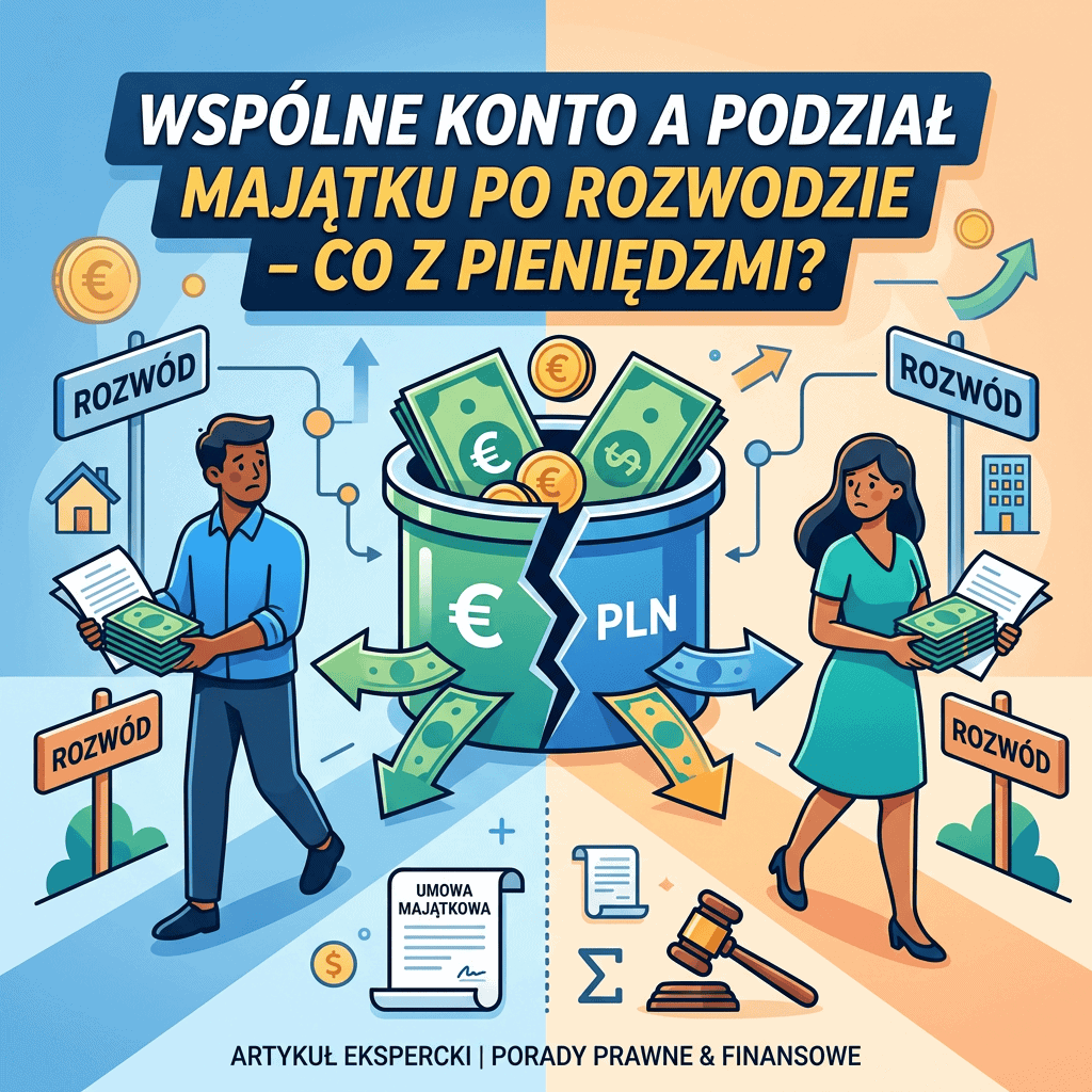 Grafika z tekstem „WSPÓLNE KONTO A PODZIAŁ MAJĄTKU PO ROZWODZIE – CO Z PIENIĘDZMI?”, napisem „ROZWÓD”, euro, PLN, umową majątkową i młotkiem sędziowskim.