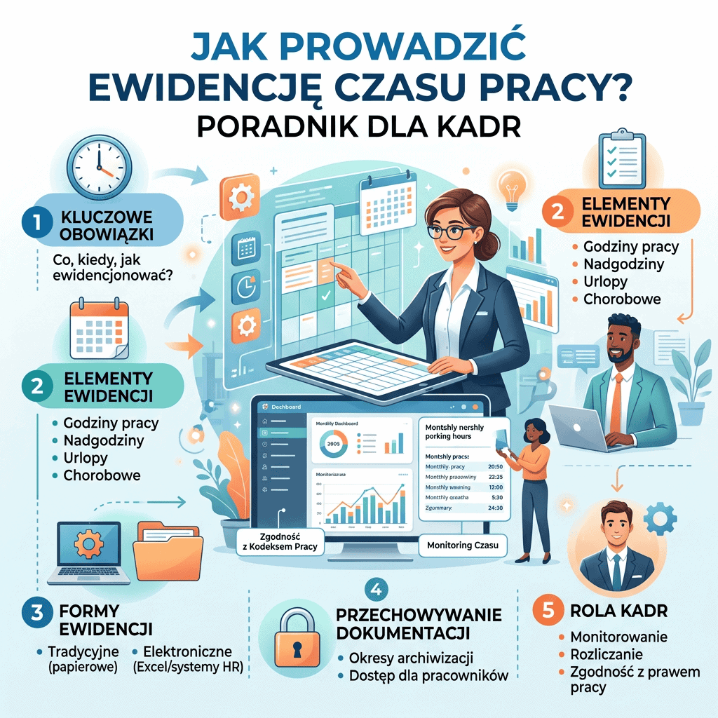 Infografika „Jak prowadzić ewidencję czasu pracy? Poradnik dla kadr”