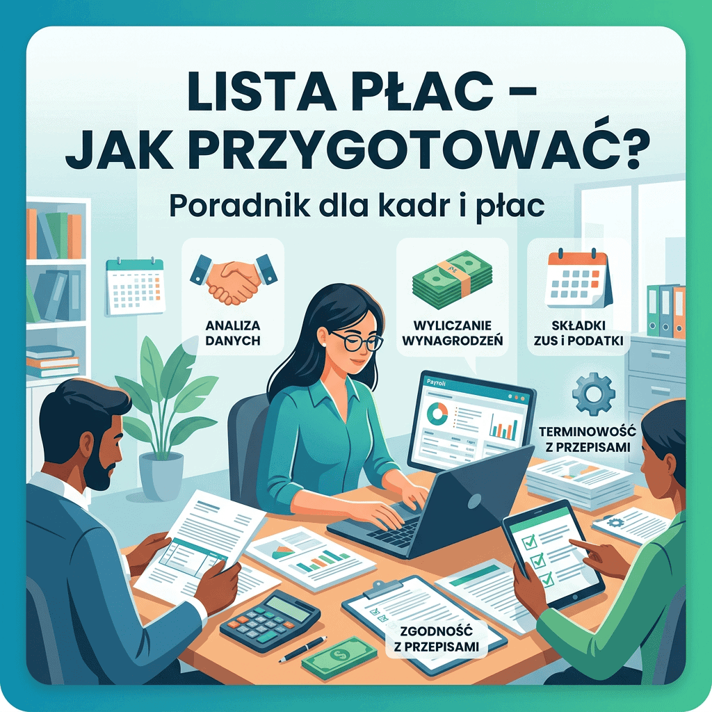Infografika „LISTA PŁAC – JAK PRZYGOTOWAĆ? Poradnik dla kadr i płac” z hasłami: „ANALIZA DANYCH”, „WYLICZANIE WYNAGRODZEŃ”, „SKŁADKI ZUS I PODATKI”, „TERMINOWOŚĆ Z PRZEPISAMI” i „ZGODNOŚĆ Z PRZEPISAMI”; osoby pracują przy dokumentach, kalkulatorze i laptopie.