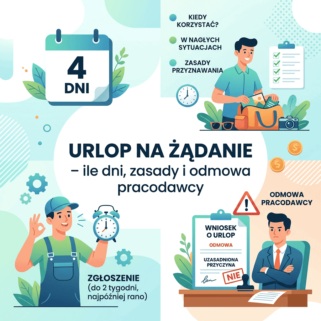 Infografika: „4 DNI”, „URLOP NA ŻĄDANIE – ile dni, zasady i odmowa pracodawcy”, „KIEDY KORZYSTAĆ? W NAGŁYCH SYTUACJACH”, „ZASADY PRZYZNAWANIA”, „ZGŁOSZENIE (do 2 tygodni, najpóźniej rano)”, „WNIOSEK O URLOP”, „ODMOWA”, „UZASADNIONA PRZYCZYNA”, „NIE”, „ODMOWA PRACODAWCY”.