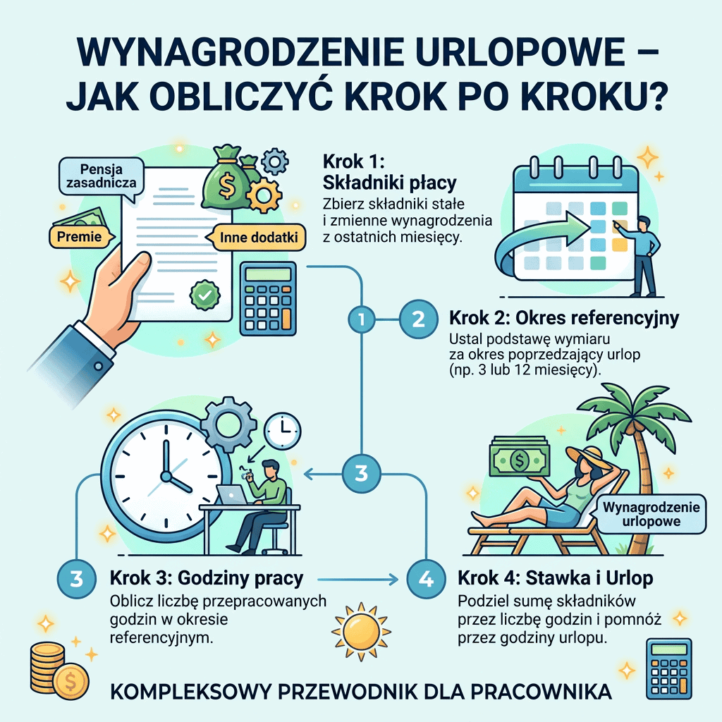 WYNAGRODZENIE URLOPOWE – JAK OBLICZYĆ KROK PO KROKU? Pensja zasadnicza, Premie, Inne dodatki. Krok 1: Składniki płacy — Zbierz składniki stałe i zmienne wynagrodzenia z ostatnich miesięcy. Krok 2: Okres referencyjny — Ustal podstawę wymiaru za okres poprzedzający urlop (np. 3 lub 12 miesięcy). Krok 3: Godziny pracy — Oblicz liczbę przepracowanych godzin w okresie referencyjnym. Krok 4: Stawka i urlop — Podziel sumę składników przez liczbę godzin i pomnóż przez godziny urlopu. KOMPLEKSOWY PRZEWODNIK DLA PRACOWNIKA