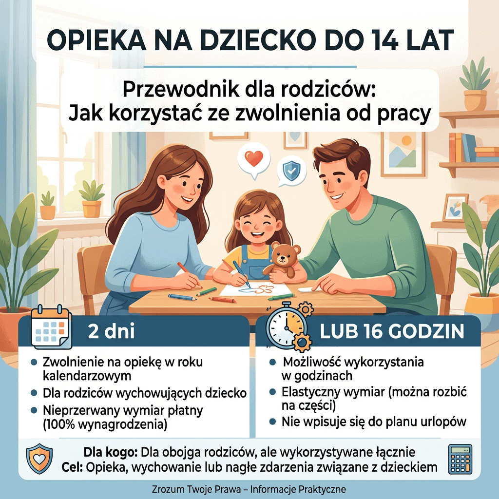 Infografika z tekstem: „OPIEKA NA DZIECKO DO 14 LAT. Przewodnik dla rodziców: Jak korzystać ze zwolnienia od pracy”. Informacje: „2 dni — Zwolnienie na opiekę w roku kalendarzowym; dla rodziców wychowujących dziecko; nieprzerwany wymiar płatny (100% wynagrodzenia)”. „LUB 16 GODZIN — możliwość wykorzystania w godzinach; elastyczny wymiar (można rozbić na części); nie wpisuje się do planu urlopów”. „Dla kogo: Dla obojga rodziców, ale wykorzystywane łącznie. Cel: Opieka, wychowanie lub nagłe zdarzenia związane z dzieckiem”.