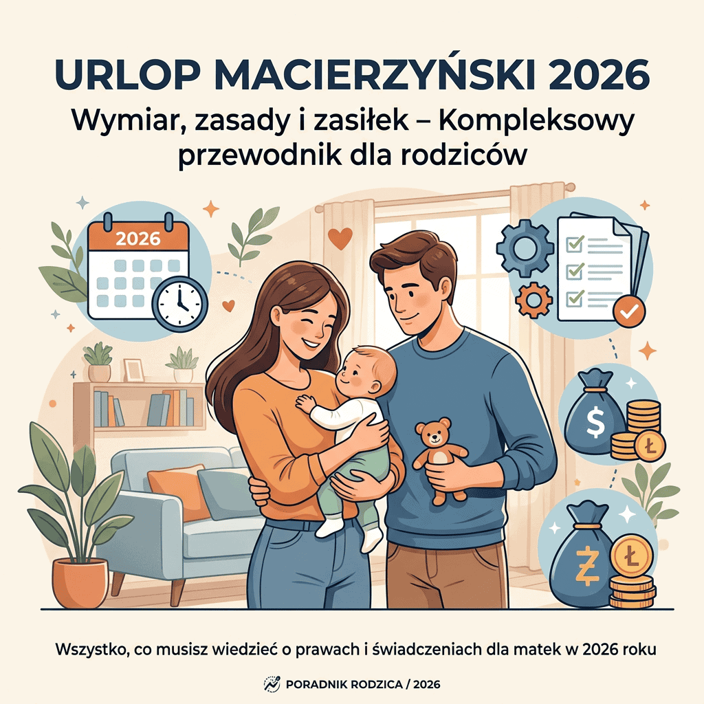 Okładka poradnika „URLOP MACIERZYŃSKI 2026. Wymiar, zasady i zasiłek – Kompleksowy przewodnik dla rodziców”. Ilustracja rodziny z niemowlęciem, kalendarzem, dokumentami, symbolami finansów i tekstem „Wszystko, co musisz wiedzieć o prawach i świadczeniach dla matek w 2026 roku” oraz „PORADNIK RODZICA / 2026”.