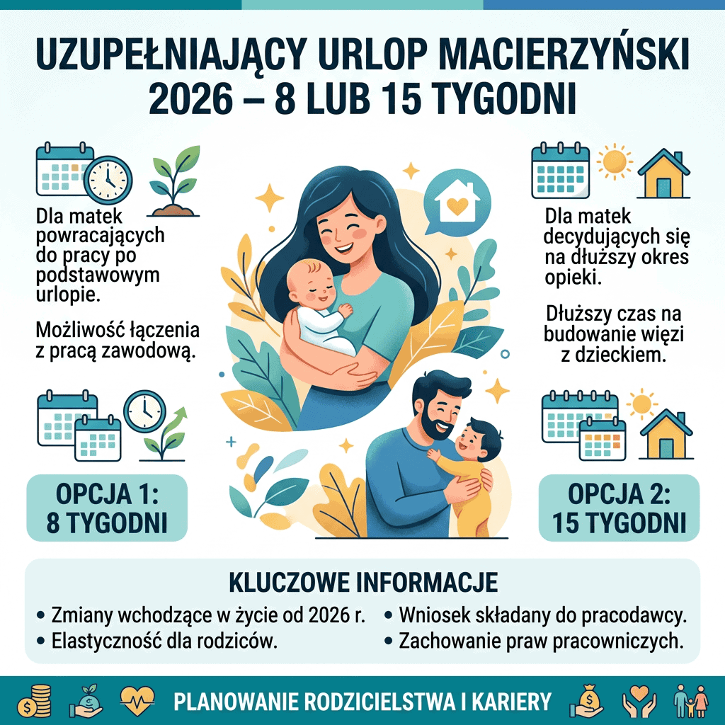 Infografika po polsku: „UZUPEŁNIAJĄCY URLOP MACIERZYŃSKI 2026 – 8 LUB 15 TYGODNI”; opcja 1: 8 tygodni dla matek wracających do pracy po podstawowym urlopie, z możliwością łączenia z pracą; opcja 2: 15 tygodni dla matek decydujących się na dłuższy okres opieki i budowanie więzi z dzieckiem; kluczowe informacje: zmiany od 2026 roku, elastyczność dla rodziców, wniosek do pracodawcy, zachowanie praw pracowniczych.