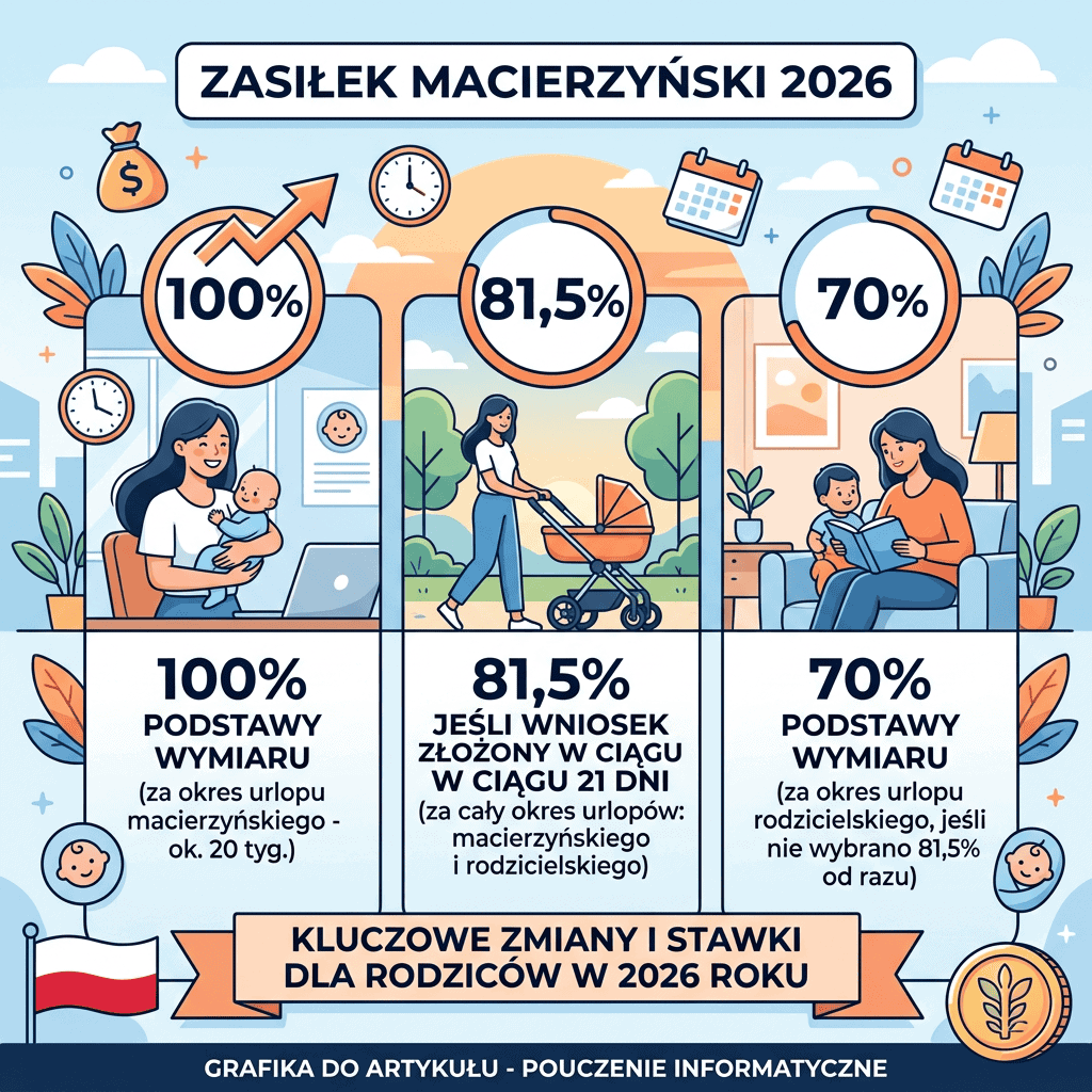 Infografika „ZASIŁEK MACIERZYŃSKI 2026”: 100% podstawy wymiaru za urlop macierzyński, 81,5% po złożeniu wniosku w ciągu 21 dni za urlop macierzyński i rodzicielski oraz 70% podstawy za urlop rodzicielski, jeśli nie wybrano 81,5% od razu; „KLUCZOWE ZMIANY I STAWKI DLA RODZICÓW W 2026 ROKU”; „GRAFIKA DO ARTYKUŁU - POUCZENIE INFOMATYWNE”.
