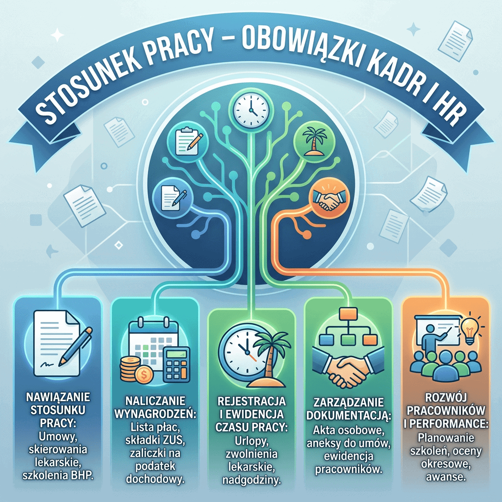 Stosunek pracy – obowiązki kadry i HR. Nawiązanie stosunku pracy: umowy, skierowania lekarskie, szkolenia BHP. Naliczanie wynagrodzeń: lista płac, składki ZUS, zaliczki na podatek dochodowy. Rejestracja i ewidencja czasu pracy: urlopy, zwolnienia lekarskie, nadgodziny. Zarządzanie dokumentacją: akta osobowe, aneksy do umów, ewidencja pracowników. Rozwój pracowników i performance: planowanie szkoleń, oceny okresowe, awanse.