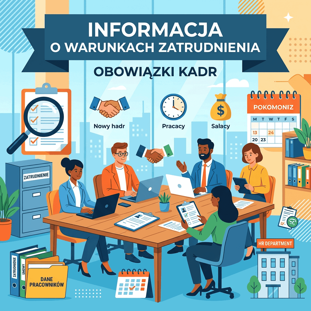 Infografika z tekstem: „INFORMACJA O WARUNKACH ZATRUDNIENIA”, „OBOWIĄZKI KADR”, „Nowy hard”, „Pracy”, „Salacy”, „POKOMONIZ”, „ZATRUDNIENIE”, „DANE PRACOWNIKÓW” i „HR DEPARTMENT”.
