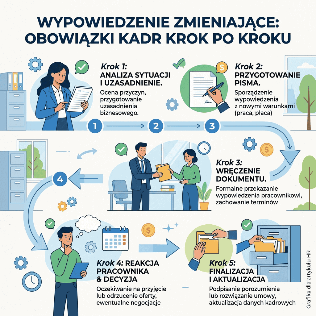 Wypowiedzenie zmieniające: obowiązki kadr krok po kroku. Krok 1: analiza sytuacji i uzasadnienie — ocena przyczyn, przygotowanie uzasadnienia biznesowego. Krok 2: przygotowanie pisma — sporządzenie wypowiedzenia z nowymi warunkami (praca, płaca). Krok 3: wręczenie dokumentu — formalne przekazanie wypowiedzenia pracownikowi, zachowanie terminów. Krok 4: reakcja pracownika i decyzja — oczekiwanie na przyjęcie lub odrzucenie oferty, ewentualne negocjacje. Krok 5: finalizacja i aktualizacja — podpisanie porozumienia lub rozwiązanie umowy, aktualizacja danych kadrowych. Grafika dla atykułu HR.