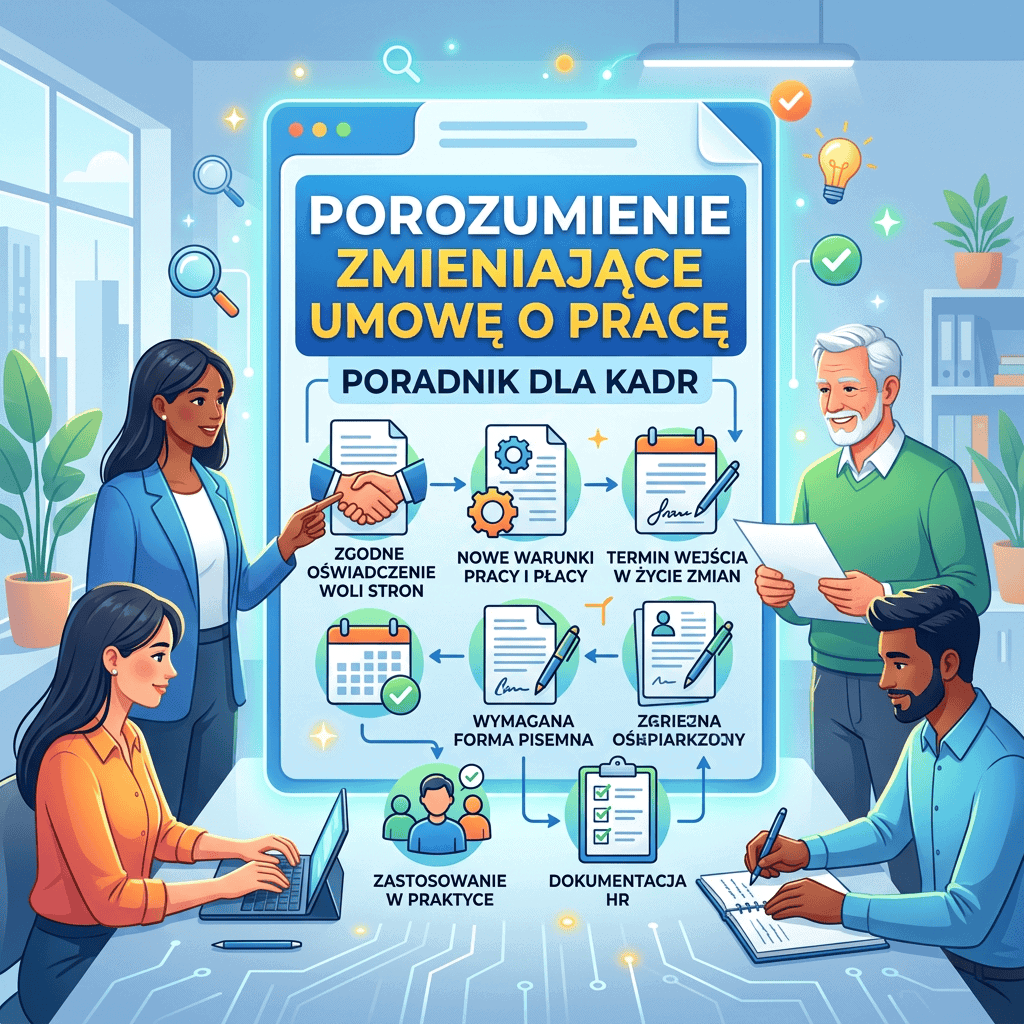 Infografika dotyczącą porozumienia zmieniającego umowę o pracę. Poradnik dla kadr. Pracownicy działu kadr siedzą przy biurku i wykonują swoją pracę opartą o przepisy kodeksu pracy.