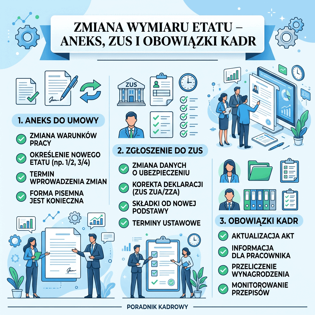 Infografika „Zmiana wymiaru etatu – aneks, ZUS i obowiązki kadr” z trzema sekcjami: aneks do umowy, zgłoszenie do ZUS oraz obowiązki kadr.