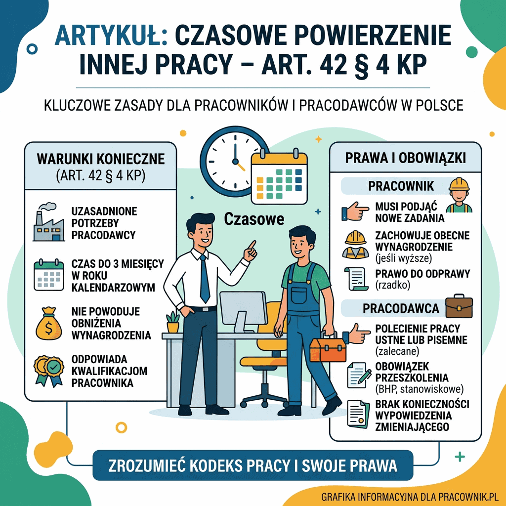 Infografika: czasowe powierzenie innej pracy — art. 42 § 4 KP; warunki konieczne, prawa i obowiązki pracownika oraz pracodawcy.