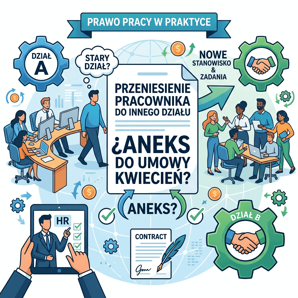 Infografika: „PRAWO PRACY W PRAKTYCE”, „DZIAŁ A”, „STARY DZIAŁ?”, „NOWE STANOWISKO & ZADANIA”, „PRZENIESIENIE PRACOWNIKA DO INNEGO DZIAŁU”, „ANEKS DO UMOWY KWIECIEŃ?”, „ANEKS?”, „DZIAŁ B” i „CONTRACT”.