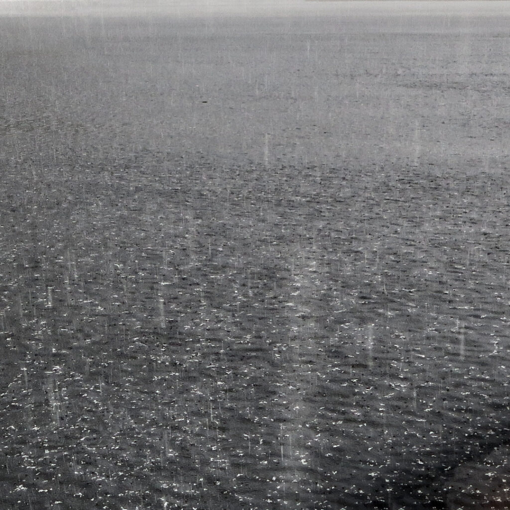 Long Sound Fiordland NZ – snow flakes settling on water. B&W