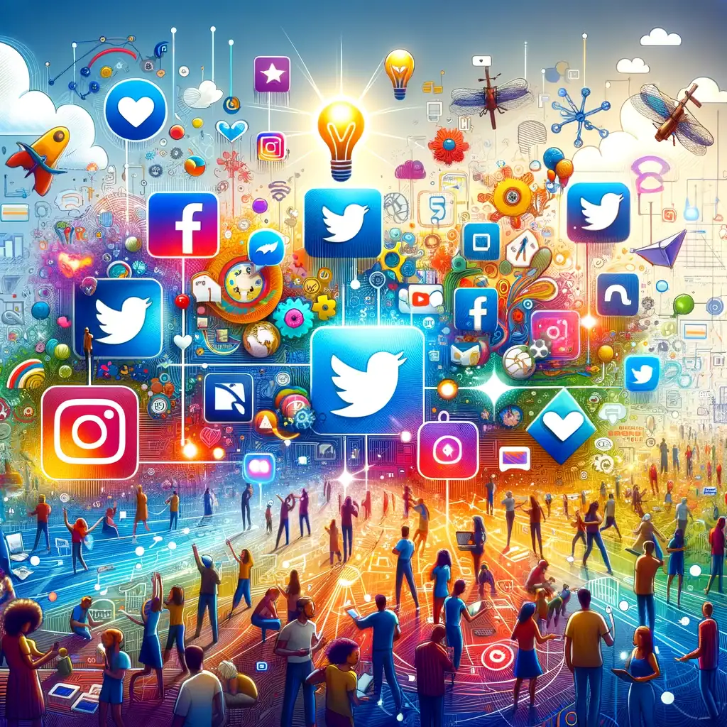 Bunte digitale Illustration von Menschen, die auf einer virtuellen Plattform interagieren, umgeben von Social-Media-Logos wie Twitter, Facebook, Instagram, YouTube – Symbol für digitale Vernetzung und Reichweite.