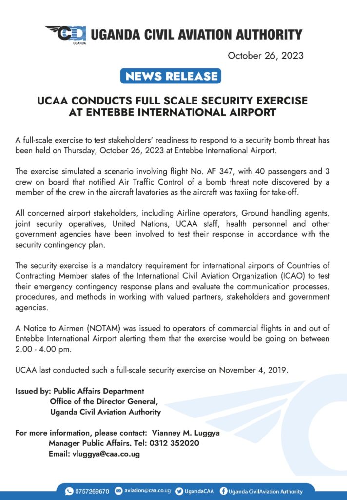 UCAA IN FULL SCALE SECURITY EXERCISE TO MEET INTERNATIONAL STANDARDS AT ENTEBBE INTERNATIONAL AIRPORT UCAA IN FULL SCALE SECURITY EXERCISE TO MEET INTERNATIONAL STANDARDS AT ENTEBBE INTERNATIONAL AIRPORT