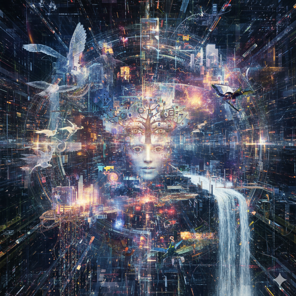 An ethereal female face with a tree growing from her forehead, surrounded by a complex, abstract digital landscape featuring glowing cityscapes, flying birds, and a cascading waterfall, symbolizing AI hallucinations.
