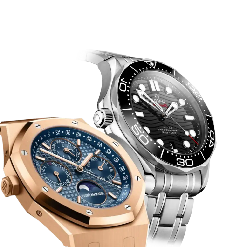 Luxury rose gold Audemars Piguet and stainless steel Omega watch on transparent background.