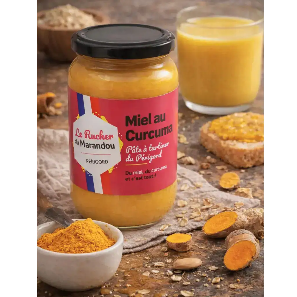 Pot de miel au curcuma du Périgord du Rucher du Marandou servi avec lait doré et poudre de curcuma