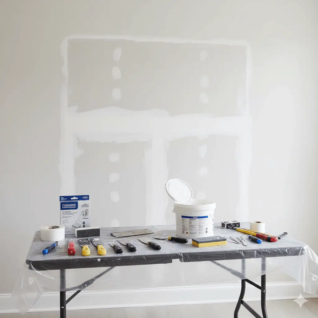 Handyman repairing drywall with tools and patch on wall