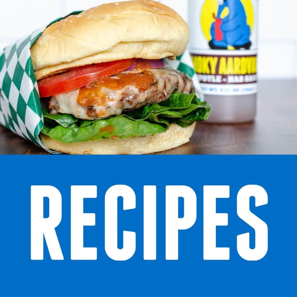 Recipes icon featuring a tasty burger and Smoky Chipotle Hot Sauce.