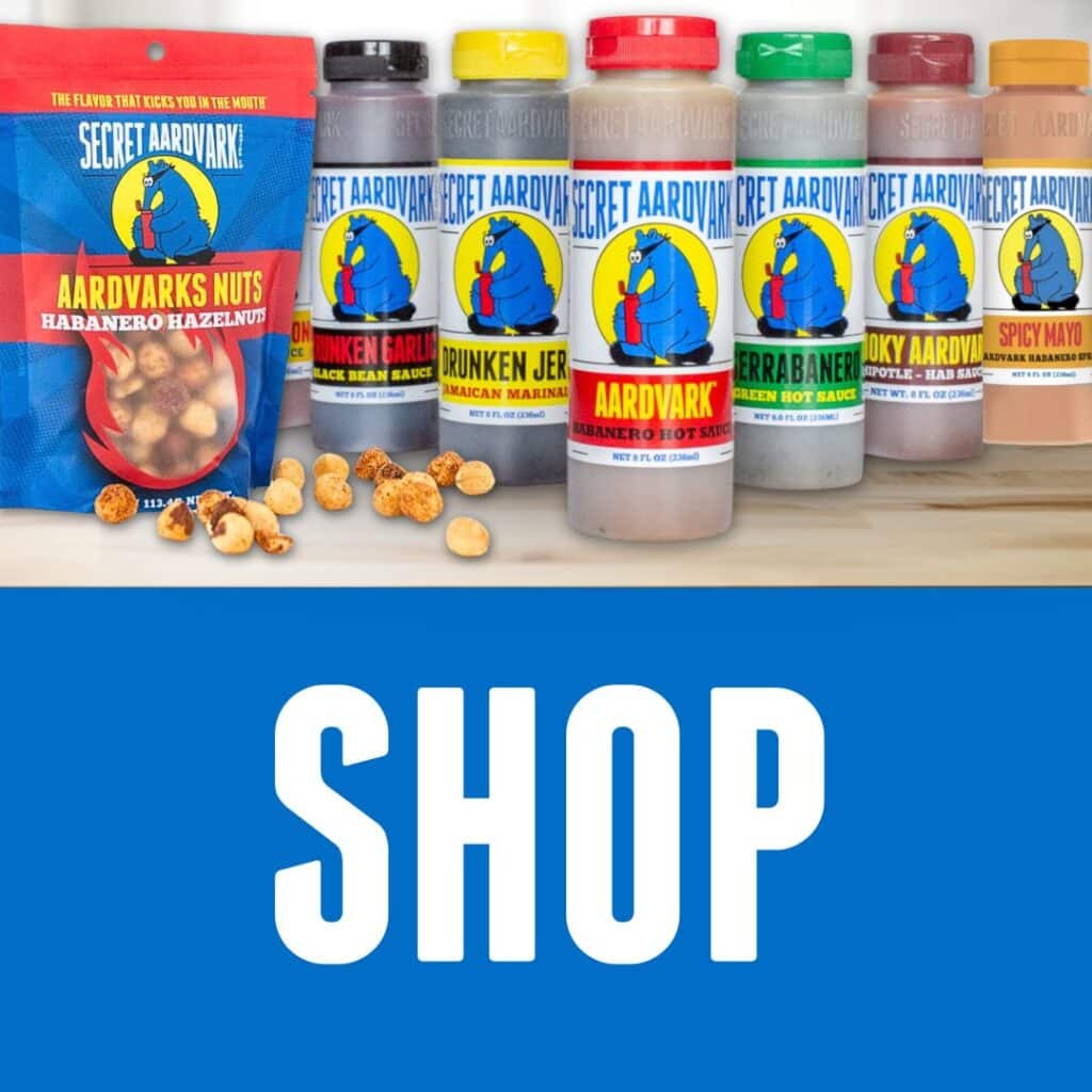 Shop icon featuring Secret Aardvark hot sauces, marinades and Aardvark's Nuts.