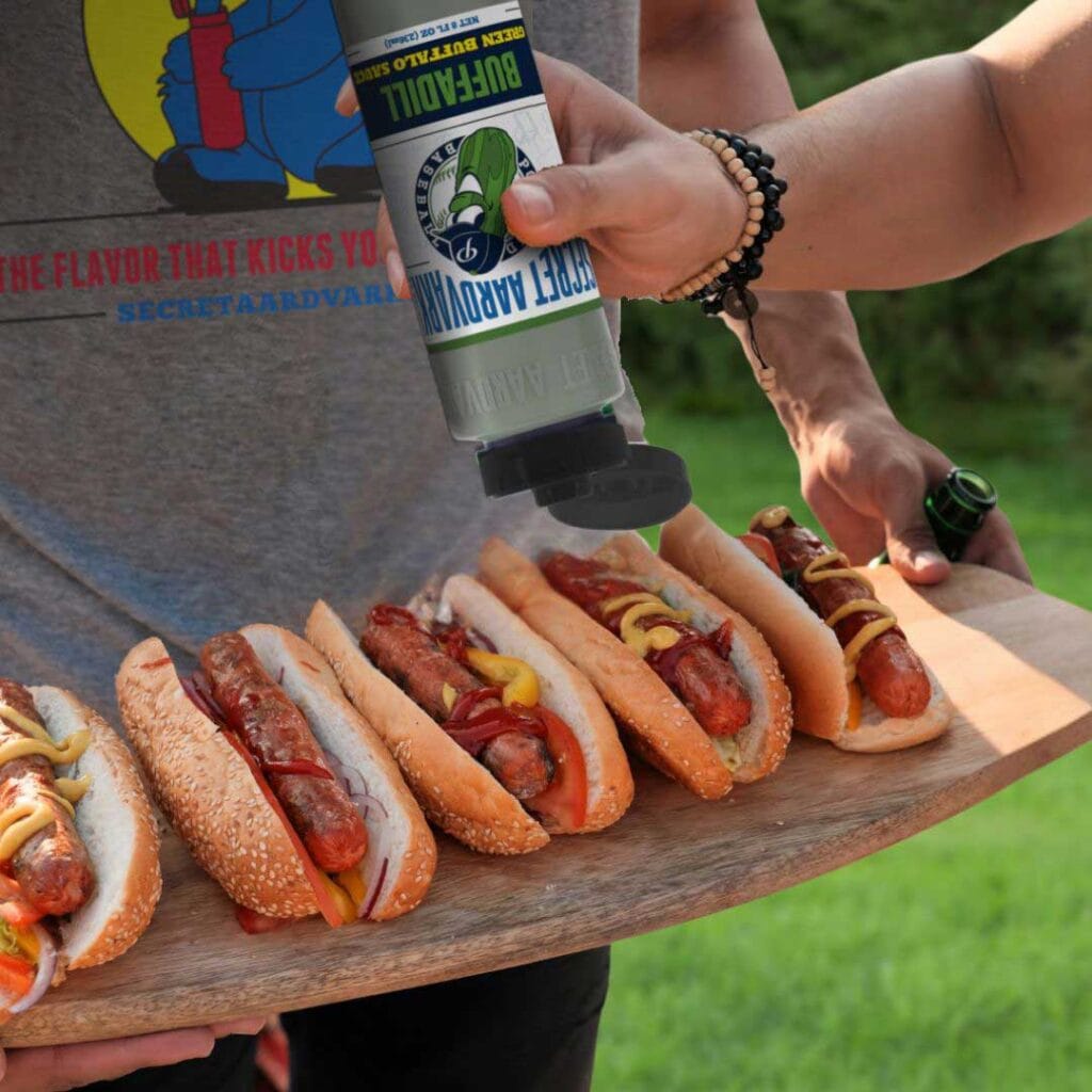 A man in a Secret Aardvark logo T-shirt holds a platter of hot dogs with all the toppings, while a friend squeezes some BuffaDill Hot Sauce on top of one of the hotdogs.