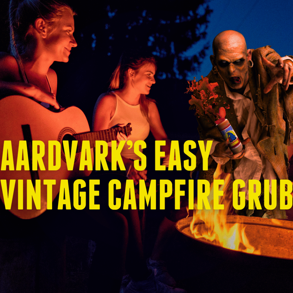 Campfire scene with two women playing guitar and a zombie-like figure holding hot sauce